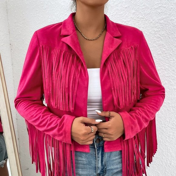 Pink Casual Womens Fringe Trim Open Front Jacket - Picture 4 of 5